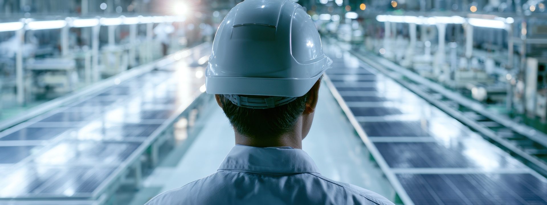 Profissional de capacete em corredor de planta industrial iluminada