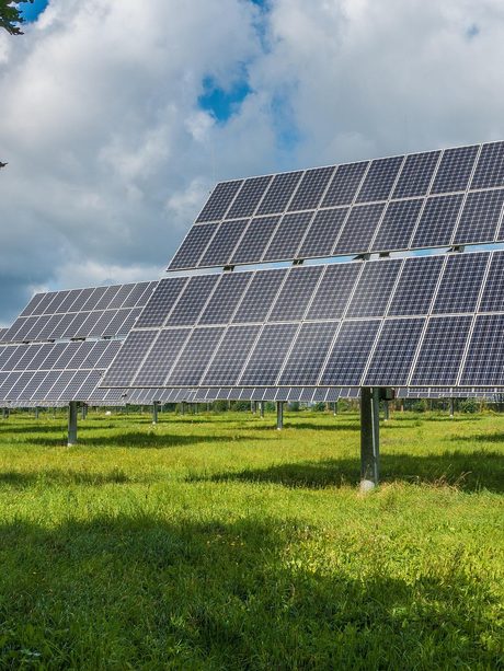 Usina de energia solar com painéis em fileiras sob céu aberto